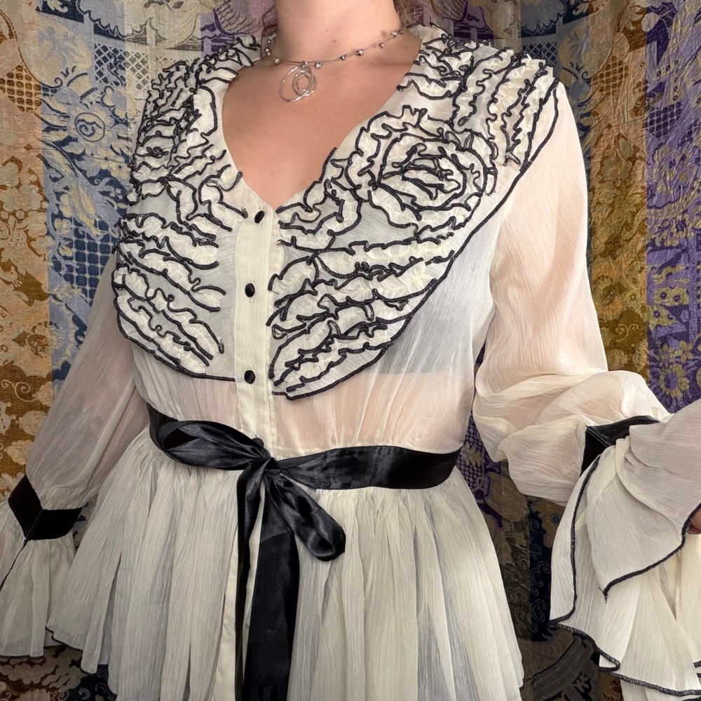Victorian Ruffled Cream Chiffon Semi Sheer Button Front Tie Waist Blouse Size L